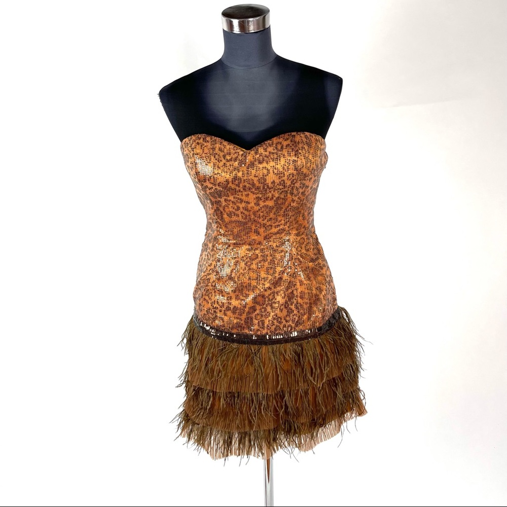 Leopard Print Sequined Ruffle Layered Midi Dress